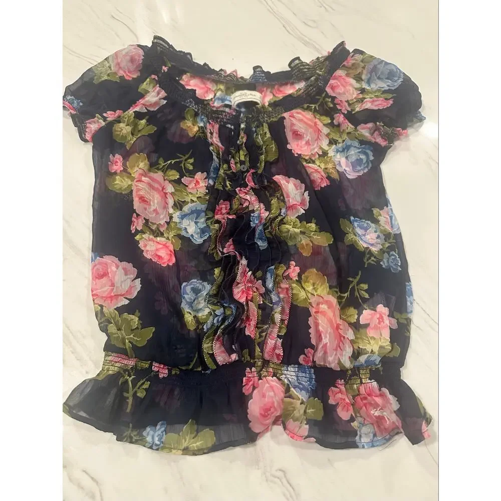 Abercrombie & Fitch Floral Chiffon Blouse M Navy Pink Ruffle Coquette Y2K